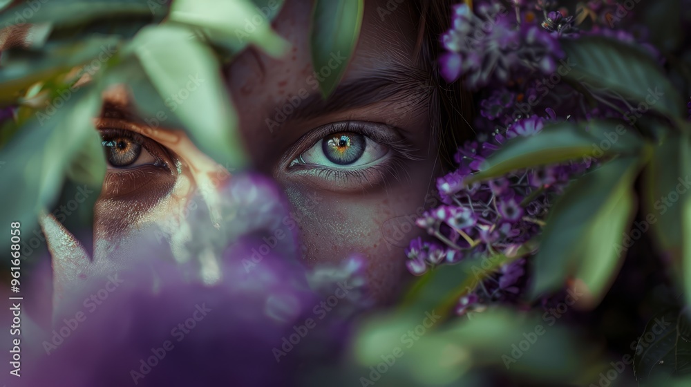 A tight shot of a face with expressive blue eyes, surrounded by purple flowers in the foreground, and distant green foliage in the background A tight shot of a face with expressive blue eyes, surrounded by purple flowers in the foreground, and distant green foliage in the background