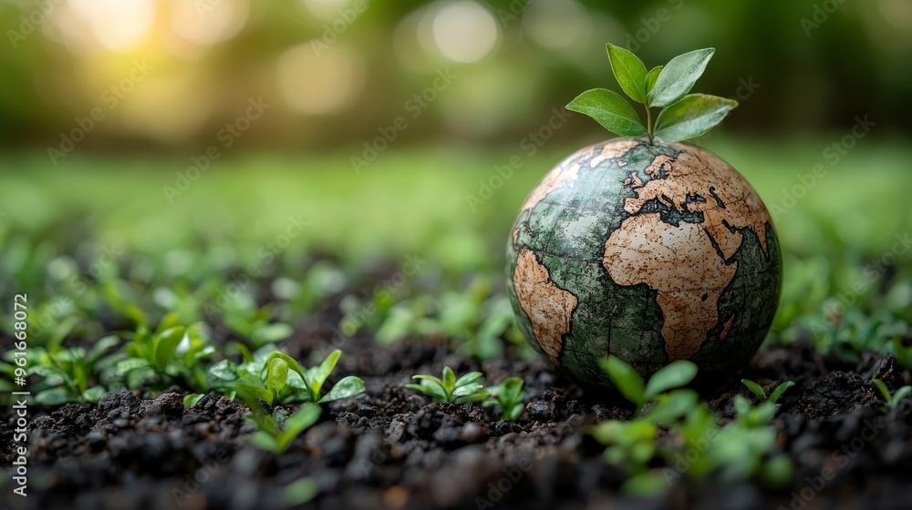 Small globe with a plant growing on top, surrounded by green sprouts on rich soil during daylight in a garden setting Small globe with a plant growing on top, surrounded by green sprouts on rich soil during daylight in a garden setting