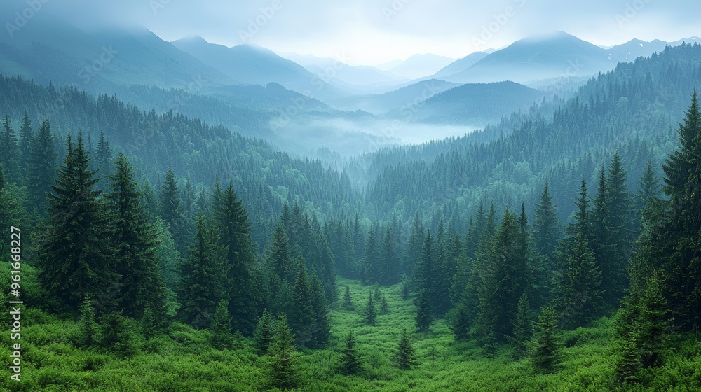 Misty morning in a lush valley surrounded by evergreen trees under soft sunlight at dawn