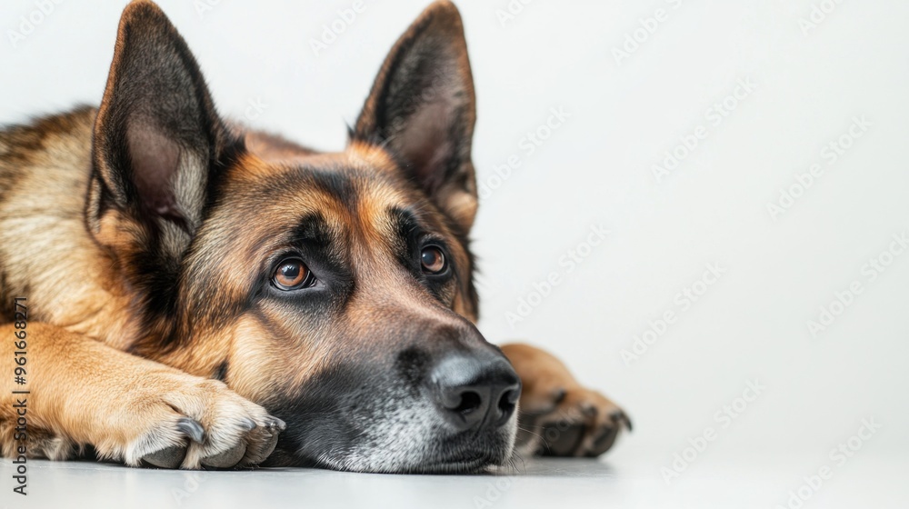 A close-up of a German Shepherd resting with a thoughtful expression. A close-up of a German Shepherd resting with a thoughtful expression.