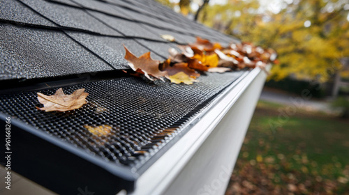 A close-up of a rain gutter shows a screen to stop leaves, but some leaves are still there. This image reminds us of home maintenance, yard work, and how damage to the roof can happen.