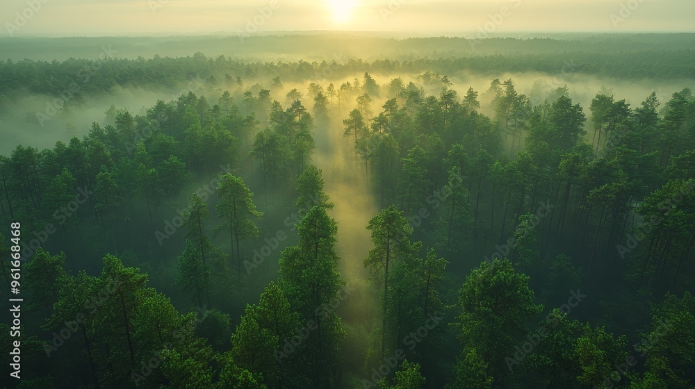 Sunrise over a misty forest landscape with tall trees in early morning light Sunrise over a misty forest landscape with tall trees in early morning light