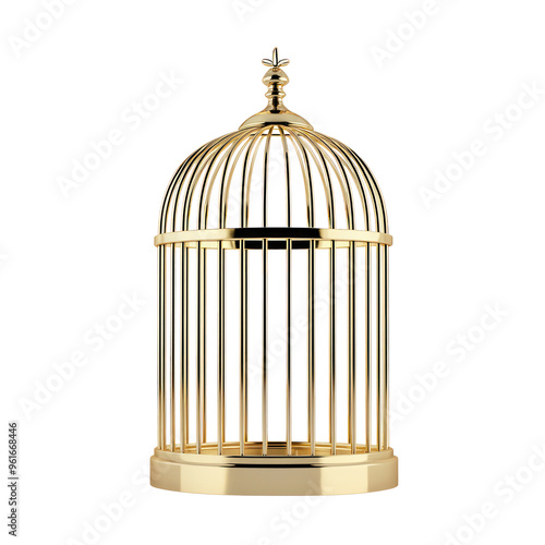 3D Empty gold Birdcage side view isolate on transparency background