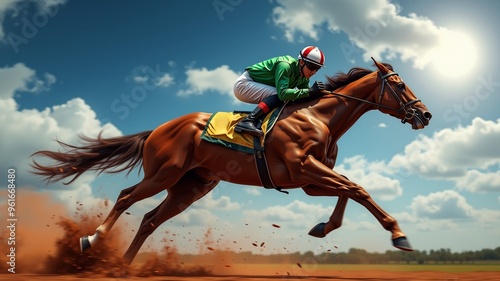 Jockey Races on Dirt Track, A jockey in a green and white uniform rides a brown horse at full speed across a dusty track.  The horse kicks up dirt as it gallops.