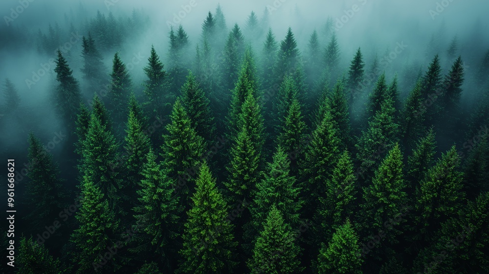 Fototapeta premium Lush evergreen forest shrouded in mist during early morning hours in a tranquil natural setting