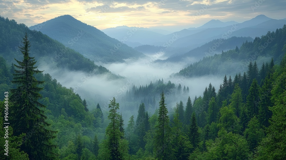 Fototapeta premium A serene morning in the mountains showcases a misty valley surrounded by tall trees under a soft blue sky
