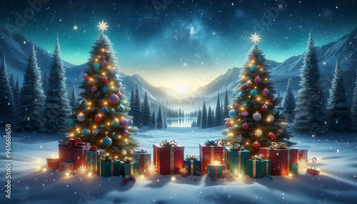 A winter landscape featuring two decorated evergreen trees adorned with ornaments and twinkling lights positioned on either side of a snowy scene