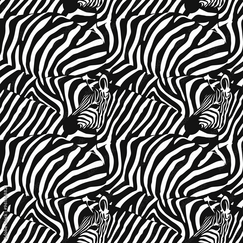 Abstract zebra stripe pattern in black and white forms an optical illusion with zebras blending into the background, creating a repeating design. Abstract zebra stripe pattern in black and white forms an optical illusion with zebras blending into the background, creating a repeating design.