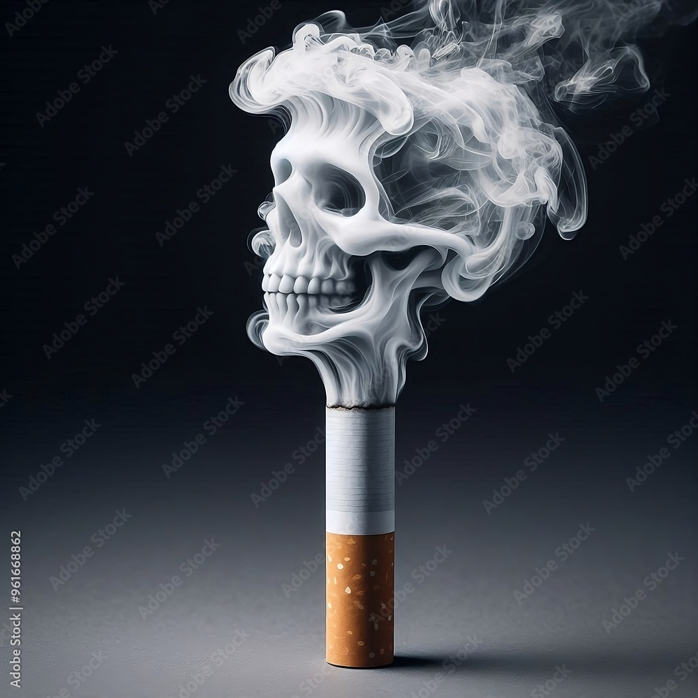 Surreal conceptual image of a burning cigarette with smoke forming into the shape of a human skull against a dark background. The image powerfully symbolizes the deadly effects of smoking. 