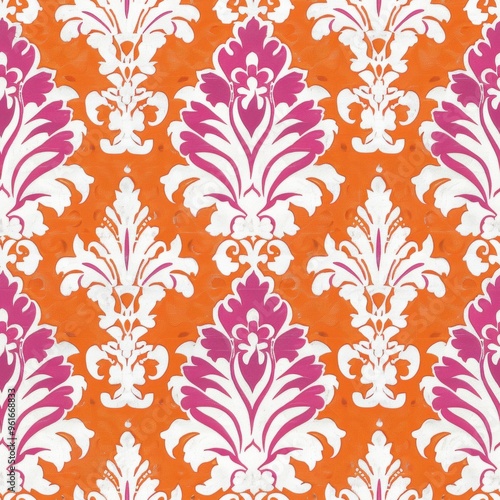 Vibrant Ornate Floral Damask Pattern in Orange, White, and Magenta Colors with Symmetrical Design Elements for Decorative Background or Fabric Print