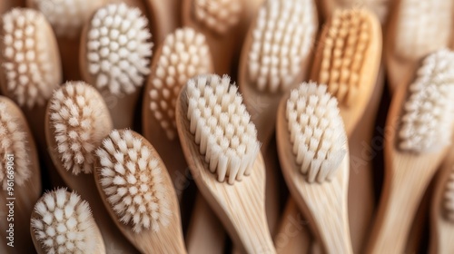 Various wooden toothbrushes with soft bristles grouped together, showcasing the eco-friendly design and natural aesthetics of sustainable dental products in close-up. photo