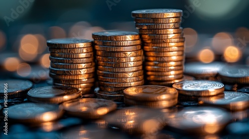 Stacks of shiny coins illuminated by soft light on a dark surface, capturing the essence of currency and savings in a creative arrangement photo