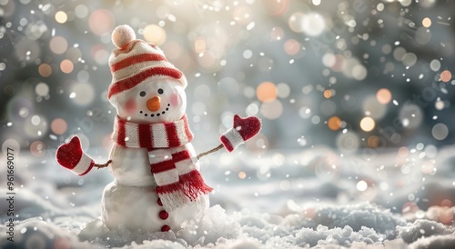 A cute snowman standing in the middle of white snow, wearing a red and white scarf with a hat on his head waving his hand to say hello.