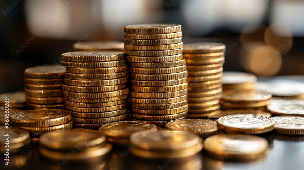 Stacks of shiny gold coins meticulously arranged on a dark surface with a blurred background, highlighting their reflective surfaces Stacks of shiny gold coins meticulously arranged on a dark surface with a blurred background, highlighting their reflective surfaces