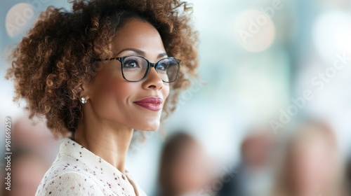 A confident businesswoman with glasses and curly hair looks thoughtfully into the distance. The bright background and her professional attire highlight her poise and determination.