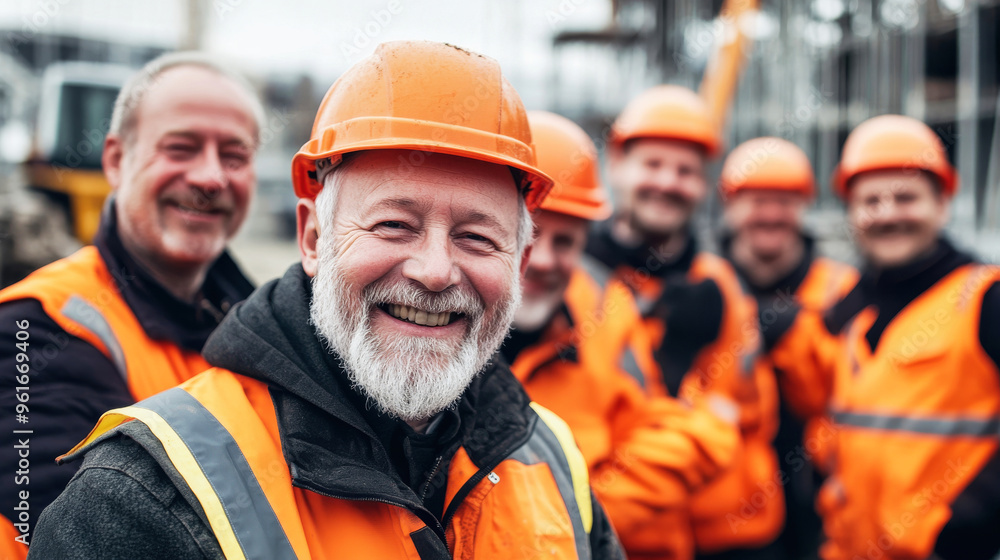 A group of smiling workers at a construction site A group of smiling workers at a construction site