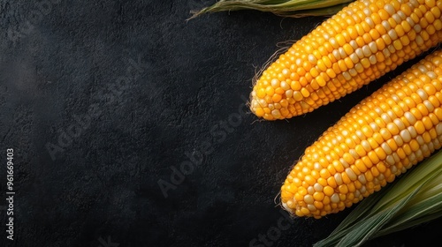 A top view image of two inviting corn cobs lies on a dark slate surface. The maize's golden hues contrast beautifully with the dark background offering an attractive visual. photo