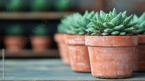 A close-up view of various green succulent plants housed in rustic terracotta pots arranged neatly on a wooden table, highlighting their textured leaves and vibrant color. photo