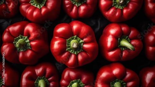 Bright red bell peppers meticulously displayed in neat rows, showcasing their uniformity, freshness, and vibrant color, ideal for culinary and decorative purposes.