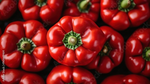 A close-up image of fresh, red bell peppers with vibrant green stems, highlighting their natural color and textures in a vivid and detailed composition.