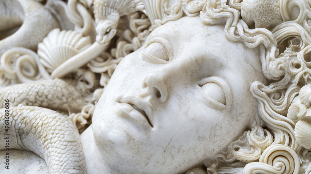 A carved marble statue of the beautiful Medusa, the Gorgon of the greek mythology A carved marble statue of the beautiful Medusa, the Gorgon of the greek mythology