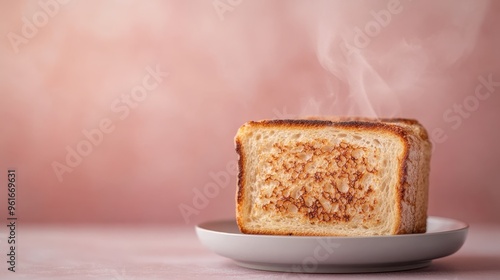 A freshly made, steaming slice of toast bread placed on a white plate, with a soft pink background, illustrating a warm and appetizing breakfast scene. photo