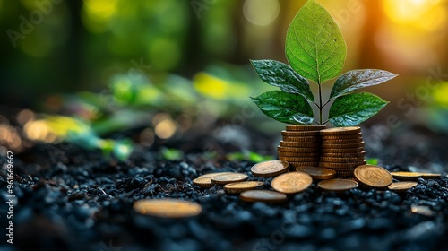 Wallpaper Mural Coins stacked on dark soil with a young green plant emerging, symbolizing growth and prosperity in a natural setting Torontodigital.ca