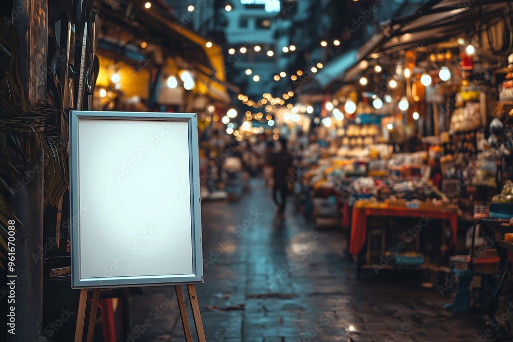 Blank signboard is standing on a street, inviting customers to a night market full of stands and good Blank signboard is standing on a street, inviting customers to a night market full of stands and good