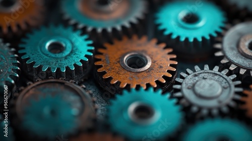 This image features multiple interlocking gears in various colors and sizes, showcasing the intricacies of mechanical engineering and the beauty of industrial design.