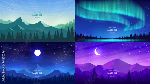 Set of vector night landscapes. The moon in the dark sky above the mountain ranges, sunrise, silhouettes of fir trees, aurora borealis. Design for background, travel banners, business cards, flyers.