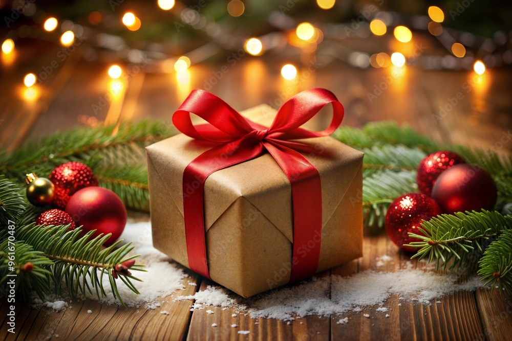 Festive christmas gift box with red bow and ornaments on wooden surface Festive christmas gift box with red bow and ornaments on wooden surface