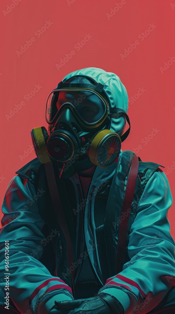 Person wearing a gas mask and protective suit against red background. Person wearing a gas mask and protective suit against red background.