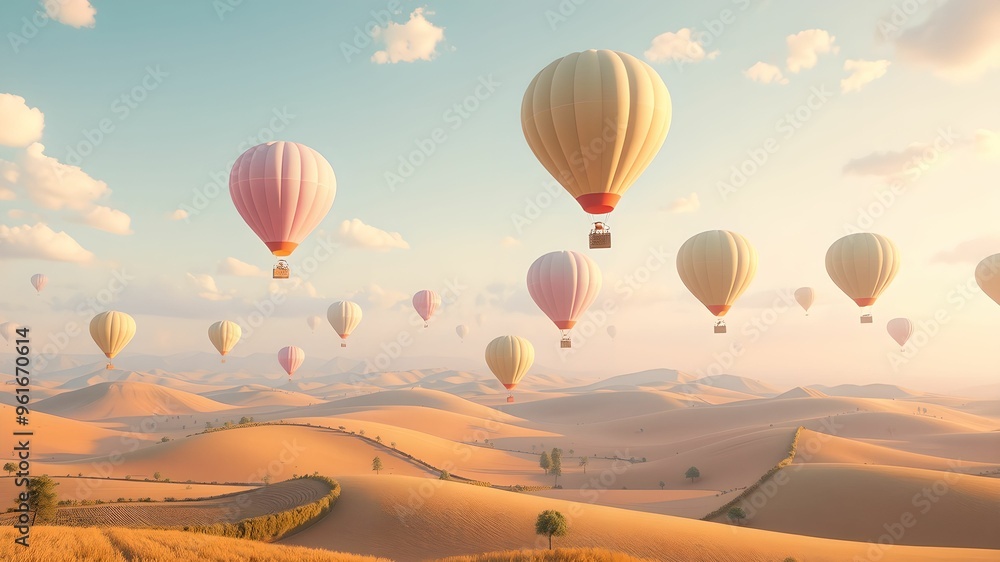 Fototapeta premium Floating Pastel Balloons Over Dream City