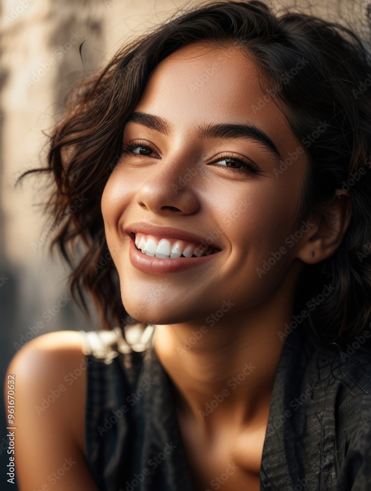 smiling young curly Latin woman leaning against the wall on a sunny day smiling young curly Latin woman leaning against the wall on a sunny day
