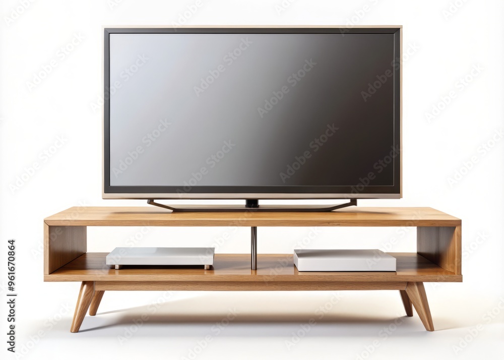 A minimalist modern television set sits poised on a wooden pedestal, set against a pure white backdrop, with A minimalist modern television set sits poised on a wooden pedestal, set against a pure white backdrop, with