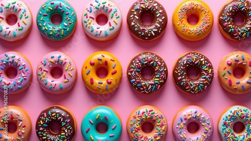 Sprinkled Donut Delight - 18 Colorful Treats, A mouthwatering display of 18 assorted donuts arranged in a 3x6 grid on a pink background. Featuring vibrant colors, sprinkles, and various flavors.