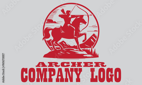 Red archer horseback riding in mountainous terrain, perfect for adventure themed designs, fantasy book covers, and medieval themed projects