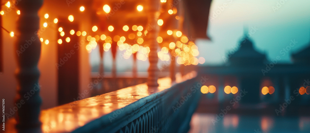Obraz premium Intricate heritage haveli mansion decked in Diwali decorations, glowing oil lamps on every balcony, festive aura, cultural heritage preserved through the festival
