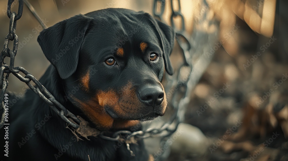 Fototapeta premium A close-up of a Rottweiler with a chain, showcasing its expressive eyes and thoughtful demeanor.