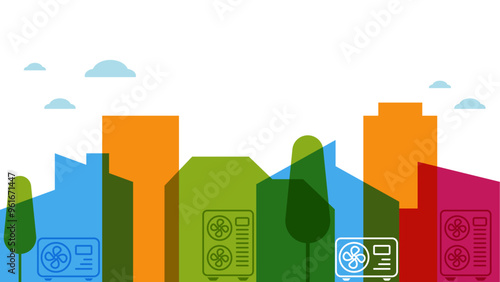 Heat pumps in a city, with houses and buildings. Modern vector illustration.