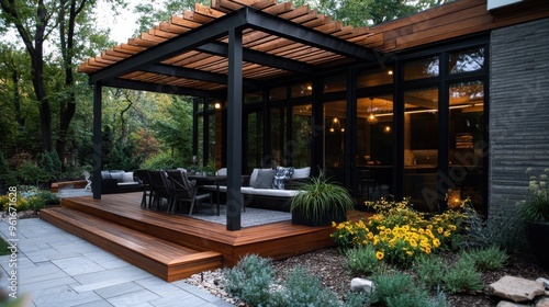 A striking image of a beautifully designed patio featuring a seating area with comfortable furniture and lush plants, epitomizing outdoor relaxation and stylish living spaces.