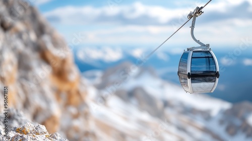 A scenic image of a cable car traversing above snow-covered mountains under a clear blue sky, offering views of the breathtaking alpine landscape and adventurous spirit.