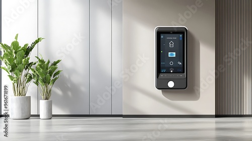 A digital control panel for smart home security, with fingerprint access and live room monitoring, positioned in a high-tech room with clean lines and a neutral background