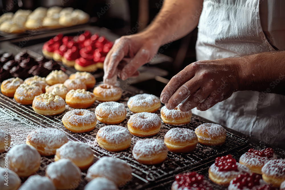 A Baker's Touch: Dusting Freshly Baked Donuts with Powdered Sugar, Creating Sweet Delights. A Baker's Touch: Dusting Freshly Baked Donuts with Powdered Sugar, Creating Sweet Delights.