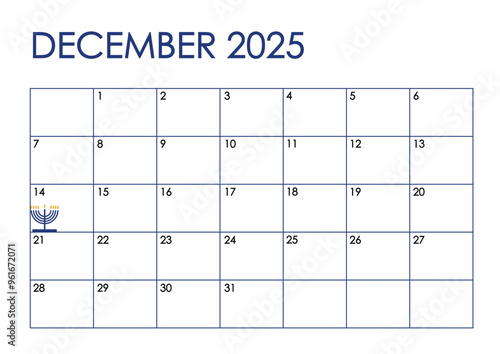 December month 2025 calendar. Simple design in blue and black and a hanukkiah menorah marking the first night of Hanukkah holiday