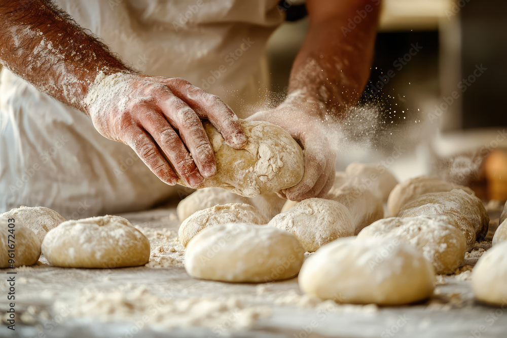 Floury Fingers: A Baker Carefully Shapes Dough into Rolls, Creating a Cloud of White Dust. Floury Fingers: A Baker Carefully Shapes Dough into Rolls, Creating a Cloud of White Dust.