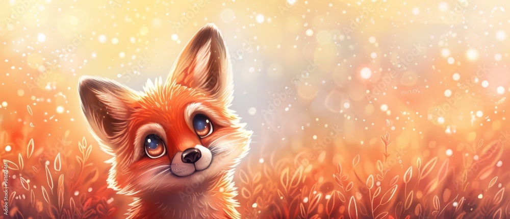 A painting of a small fox in a field of grass, with snow falling on its hind legs A painting of a small fox in a field of grass, with snow falling on its hind legs