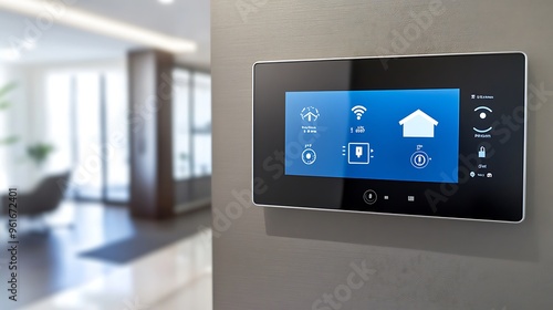 A modern smart home room control system embedded into a sleek wall, showing settings for lights, climate, and security, with an ultra-sharp focus and a solid colored background