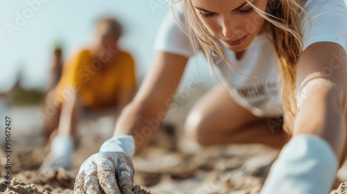 A person is seen digging in the sand on a beach, wearing gloves and a t-shirt. Other individuals are blurred in the background, suggesting community activity and teamwork. photo