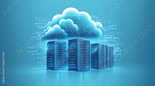 Cloud computing infrastructure with interconnected servers and data centers in the cloud, ultra-sharp focus, solid blue background